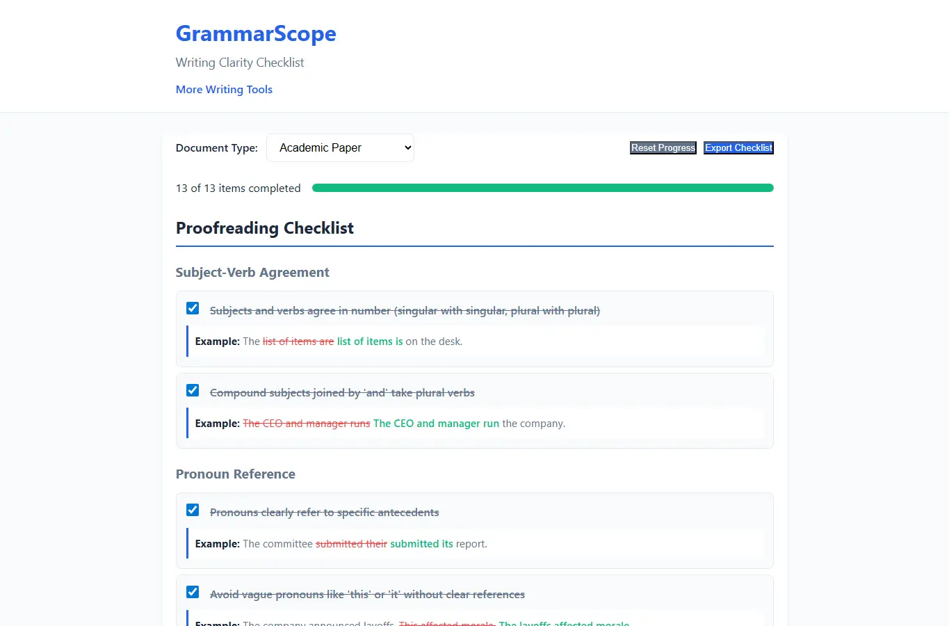 Screenshot of GrammarScope: Writing Clarity Checklist interface showing the project page in use